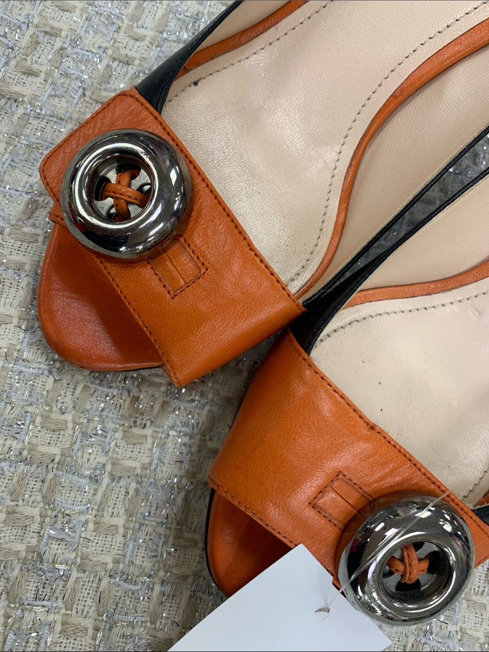 Prada Black Leather Pumps with Orange Trim and Silver Buckle - Picture 5 of 9